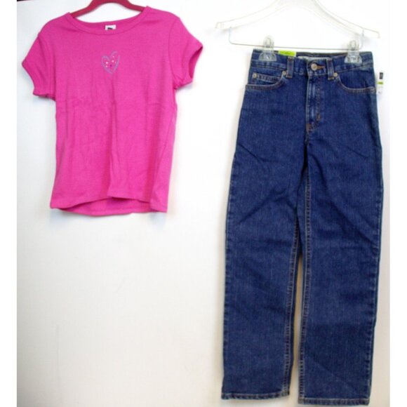 NWT GAP 2 Piece Outfit Set Pink Heart Gems Shirt Blue Jeans Size Large 10 - Picture 1 of 16